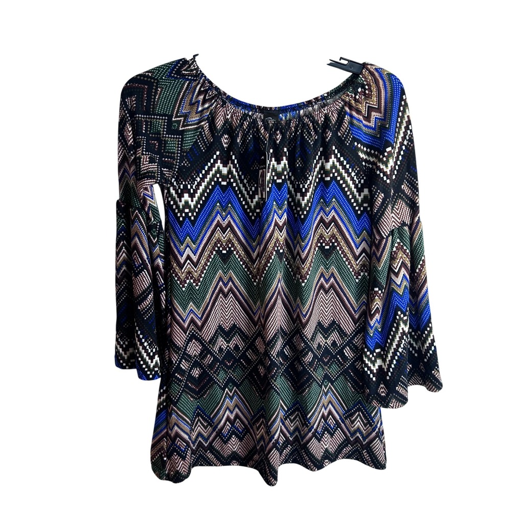 WinWin Bell Sleeve Tunic S-M Multi Color Geometric Chevron Print Women